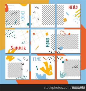 Big editable collage for social media post templates. For personal and business accounts. White background with abstract geometric elements, colorful colored spots, clouds. Vector illustration. Puzzle. Big editable collage for social media post templates.White background with abstract geometric elements, colorful colored spots, clouds. Vector. Puzzle