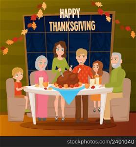 Big family at holiday dinner with turkey on table celebrating happy thanksgiving flat poster vector illustration. Big Family Together Poster