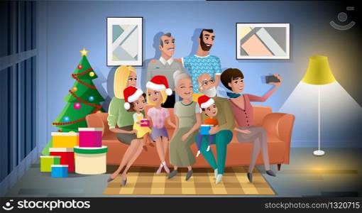 Big Family Christmas Party Carton Vector Concept with Happy Relatives Sitting on Sofa in Living Room, Wearing Santa Claus Hats, Making Selfie Photo near Christmas Tree and Holiday Gifts Illustration