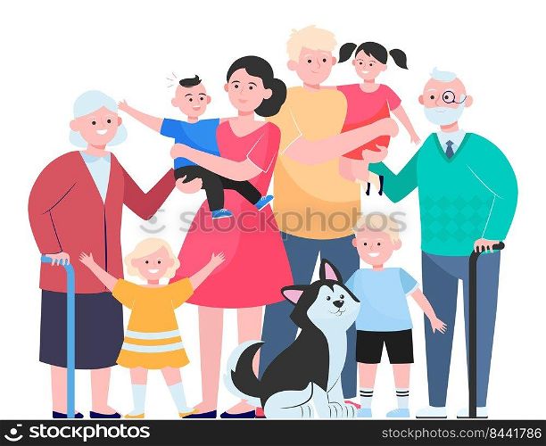 Big family concept. Happy children, mother, father, grandpa, grandma and pet standing together. Vector illustration for cute family portrait, love, togetherness topics
