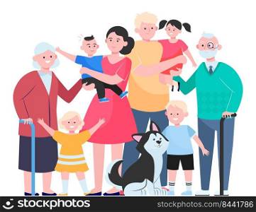 Big family concept. Happy children, mother, father, grandpa, grandma and pet standing together. Vector illustration for cute family portrait, love, togetherness topics