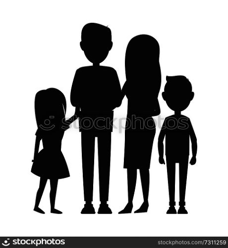 Big family consist of parents, son and daughter, vector illustration, black silhouettes of cute family members, small boy and girl, father and mother. Big Family Consist of Parents, Son and Daughter