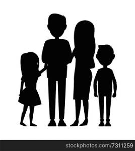 Big family consist of parents, son and daughter, vector illustration, black silhouettes of cute family members, small boy and girl, father and mother. Big Family Consist of Parents, Son and Daughter