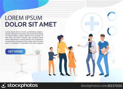 Big family consulting doctor webpage. Hospital, children, healthcare. Family doctor concept. Vector illustration for website, landing page, online store