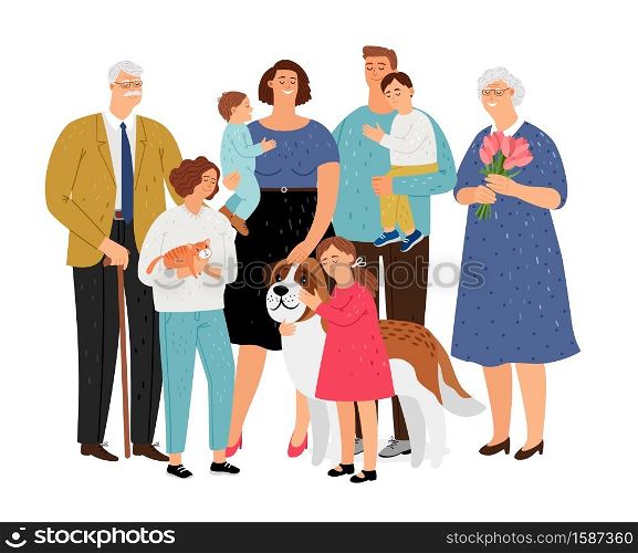 Big family. Father and mother, grandmother and grandfather, children and pet vector set. Big family with pet