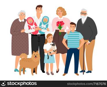 Big family. Happy families portrait with newborns and teenager, grandma and grandfather, smiling kids and dog vector illustration. Big family portrait