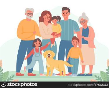 Big family. Happy parents, children, grandma and grandpa. Smiling dad, mom, kids and dog. Three generation standing together vector portrait. Illustration family grandma and grandpa, girl and boy. Big family. Happy parents, children, grandma and grandpa. Smiling dad, mom, kids and dog. Three generation standing together vector portrait