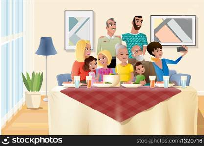 Big Family Holiday Dinner Cartoon Vector with Happy Senior Couple Sitting at Dinner Table with Closest Relatives, Celebrating Anniversary with Children at Home, Making Family Group Photo Illustration