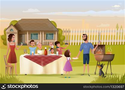 Big Family Holiday Dinner or Picnic on Country House Yard Cartoon Vector. Mother with Goblet in Hand Saying Toast, Father with Daughter Cooking Meat on Grill, Guests Sitting at Table with Tasty Dishes