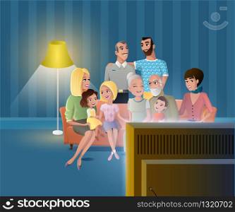 Big Family Home Meeting Cartoon Vector Concept with Senior Couple Spending Time with Children, Gathering Together with Relatives at Home, Watching Evening TV Show on Sofa in Living Room Illustration