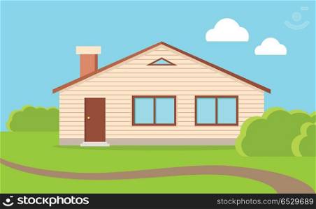 Big Family House. Big family house. Beige house with brown roof. Home house in flat design style. Colorful residential hous. Vacation home, building, house exterior, real estate, family house, modern house.