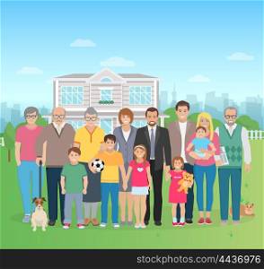 Big Family Illustration. Color flat illustration big family together in the yard with cat and dog vector illustration