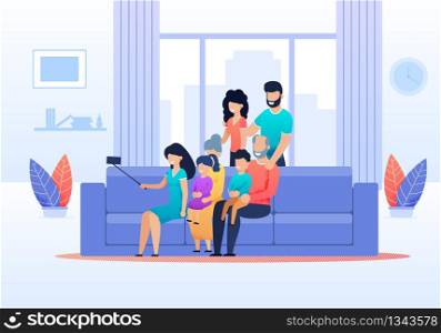 Big Family Members Gathered Together to Make Selfie. Young Aunt Shooting Group Portrait. Married Couple Standing, Grandparents with Grandchildren Sitting on Sofa. Flat Cartoon Vector Illustration. Family Selfie in Living Room at Home Flat Cartoon