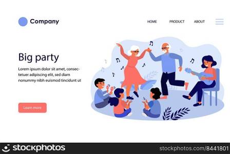 Big family party. Old couple dancing to music, children, kid flat vector illustration. Retirement, anniversary, celebration concept for banner, website design or landing web page