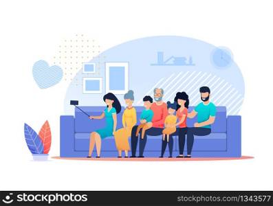 Big Family Selfie at Home Vector Flat Cartoon. Happy Mother, Father, Children, Grandfather and Grandmother Gathered Together Making Photos on Smartphone Sitting on Sofa in Living Room Illustration. Happy Family Selfie at Home Vector Flat Cartoon