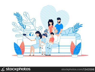 Big Family Selfie on Smartphone Cartoon. Mother, Father, Grandparents, Aunt and Children Gathered for Shooting Group Portrait. Woman Photographing Relatives. Vector Flat Metaphor Illustration. Big Family Selfie Cartoon Metaphor Illustration
