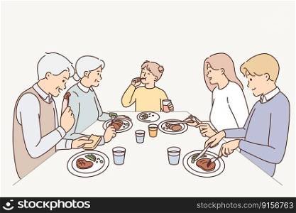 Big family sit at table eating dinner together. Parents, child and grandparents enjoy tasty food at home. Vector illustration. . Big family eating dinner at table 