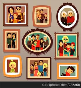 Big family smiling photo portraits in frames on wall vector illustration. Family portrait frame, mother and father, happy family. Big family smiling photo portraits in frames on wall vector illustration