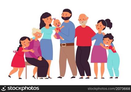 Big family together. Cute people, mom grandpa grandmother with baby. Flat standing group, cartoon grandparents and kids decent vector characters. Illustration big family, happy grandparent. Big family together. Cute people, mom grandpa grandmother with baby. Flat standing group, cartoon grandparents and kids decent vector characters