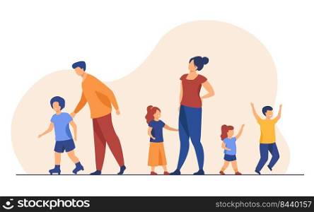 Big family walking outdoors. Tired parents and children standing together, roller skating. Vector illustration for large family, childhood, weekend, leisure concept