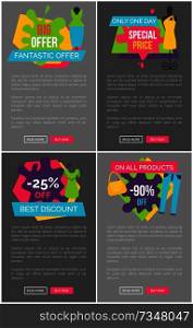 Big fantastic offer one day special price promotion posters bundle set of advertisement stickers promo labels design isolated on grey vector web banners. Big Fantastic Offer Special Price Promotion Poster