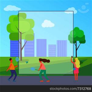 Big filling form and people playing badminton and taking pictures of city with its buildings, trees and lawns represented on vector illustration. Big Filling Form and People Vector Illustration