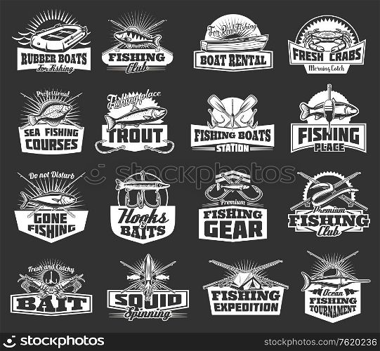 Big fish catch adventure icons and fishing club badges. Vector fisherman equipment and fish catch tackles, rubber bat, rod hooks and seafood squid spinning, fishing expedition tent and fish net. Fishing club adventure, fish catch tackles icons