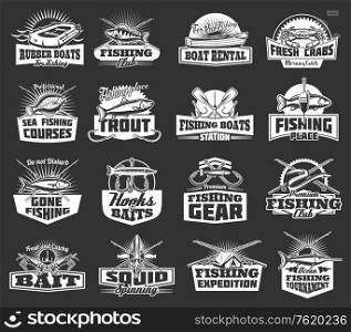 Big fish catch adventure icons and fishing club badges. Vector fisherman equipment and fish catch tackles, rubber bat, rod hooks and seafood squid spinning, fishing expedition tent and fish net. Fishing club adventure, fish catch tackles icons