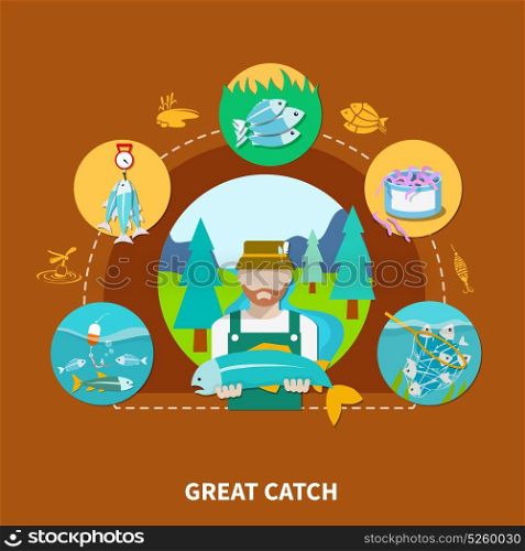 Big Fish Strike Composition. Fishing composition with squid silhouettes peterman character and round fish-tackle images connected by dashed lines vector illustration