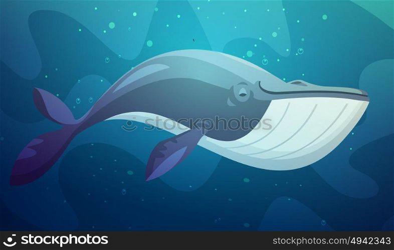 Big Fish Underwater Retro Cartoon Illustration . Large ocean dweller shark fish swimming underwater with bubbles background abstract retro cartoon character vector illustration