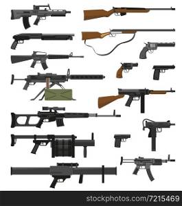 Big flat set of various weapons guns pistols and rifles isolated on white background vector illustration. Weapons Guns Set