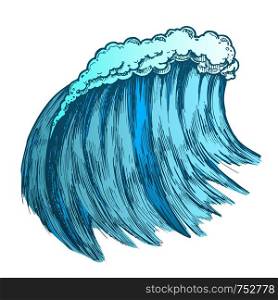 Big Foamy Tropical Sea Marine Wave Storm Vector. Giant Water Wave Caused By Strong Wind Seascape Element. Motion Nature Aquatic Tsunami Color Hand Drawn Illustration. Color Big Foamy Tropical Sea Marine Wave Storm Vector