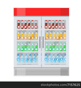 Big fridge with different bottles of juice, water and drinks in cartoon flat style on white, stock vector illustration