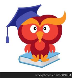 Big funny wise owl in the mortarboard cap sitting on the blue book, cartoon vector illustration isolated on the white background