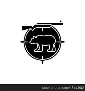 Big game hunting black glyph icon. Hunt large animals. African species hunting. Safari. Capture lion and elephant. Kill moose and deer. Silhouette symbol on white space. Vector isolated illustration. Big game hunting black glyph icon