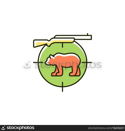Big game hunting RGB color icon. Hunt large animals. African species hunting. Safari. Capture lion and elephant. Kill moose and deer. Isolated vector illustration. Simple filled line drawing. Big game hunting RGB color icon