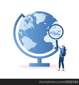 Big globe with map and female traveler looks into a magnifying glass,travel route concept,girl hipster with backpack,isolated on white background,trendy style vector illustration