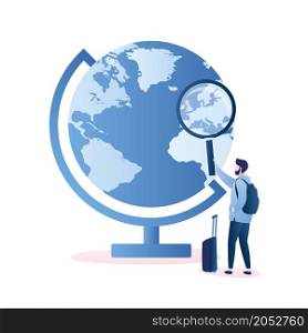 Big globe with map and male traveler looks into a magnifying glass,travel route concept,man hipster with luggage,trendy style vector illustration