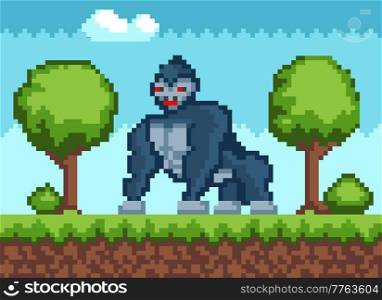 Big gorilla in forest in pixel-game. Animal walks in woods among trees. King kong with red eyes in pixel-game layout design. Wild huge pixelated monkey stands on grass against sky. Pixel-game 8 bit. Big gorilla in forest in pixel-game. Animal walks in woods among trees. King kong with red eyes