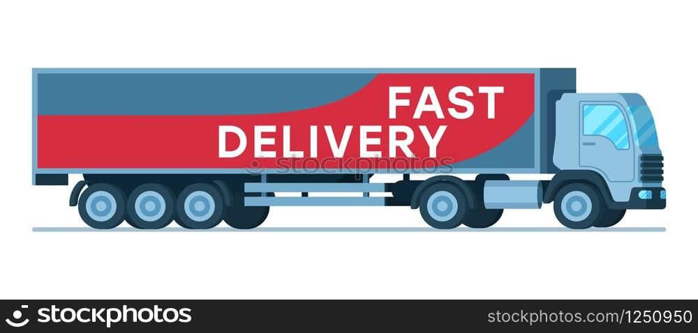 Big Grey Fast Delivery Shipping Company Truck. Warehouse Human-Driven Express Transportation Device. Side View of Supply Van with Title. Depot Transport. Flat Cartoon Vector Illustration. Big Grey Fast Delivery Shipping Company Truck