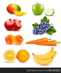 Big group of different fruit and vegetables. Vector.