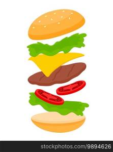 Big hamburger . Assemble burger ingredients . Making menu. Vector illustration.