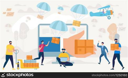 Big Hand Gives Box Through Monitor. People Characters Shopping. Express Delivery. Online Application. E-commerce Sales, Marketing Digital Technology, Parachutes with Parcels. Flat Vector Illustration. People Characters Shopping. Express Delivery