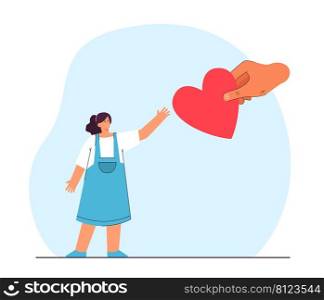 Big hand giving heart to little girl. Family adopting or taking care child flat vector illustration. Children day or care, love, adoption, charity concept for banner, website design or landing page