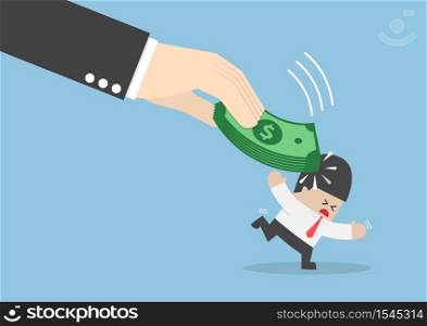 Big hand hit businessman head by dollars banknote, bribe, bribery, corruption concept