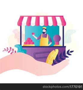 Big hand hold shop with businessman. Small business support, insurance concept. Global economic crisis and financial problems. Fruit stall and male worker. Lending, subsidies and tax cuts. Flat Vector. Big hand hold shop with businessman. Small business support, insurance concept. Global economic crisis and financial problems