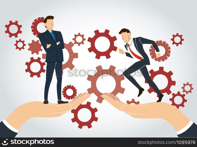 big hand holding businessman and gears background , business concept