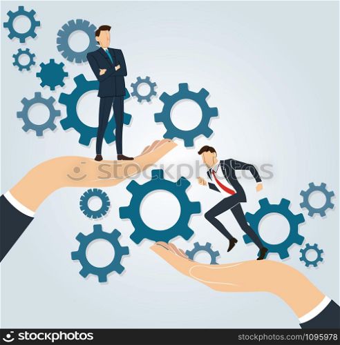 big hand holding businessman and gears background , business concept