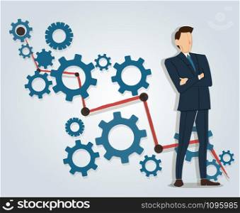 big hand holding businessman and gears background , business concept