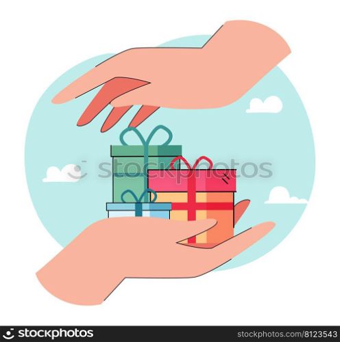 Big hand holding gift boxes. Hands around packages with presents flat vector illustration. Celebration, birthday, holidays, anniversary concept for banner, website design or landing web page